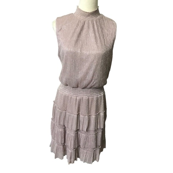 MSK Women's Metallic Smock Waist Ruffled Lined Silver Mauve Dress Size L - Picture 1 of 10